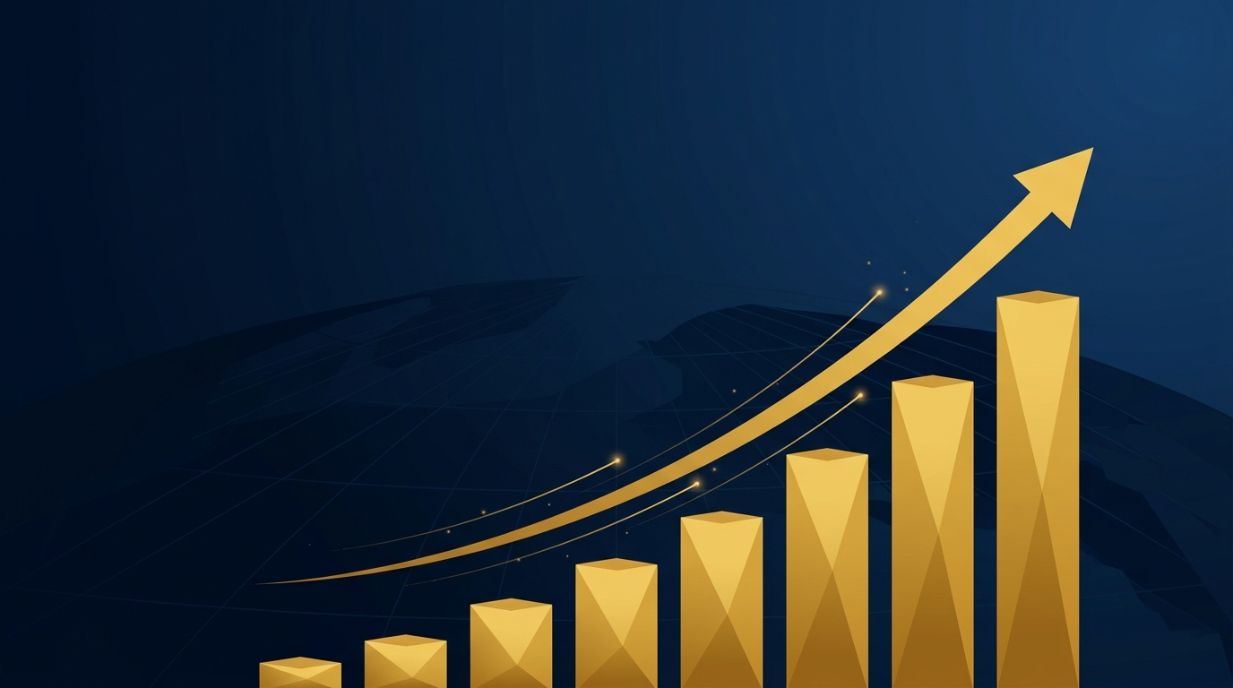 Ascending gold growth trajectory over a deep navy field with rising gold bars, representing captured market share and compounding revenue